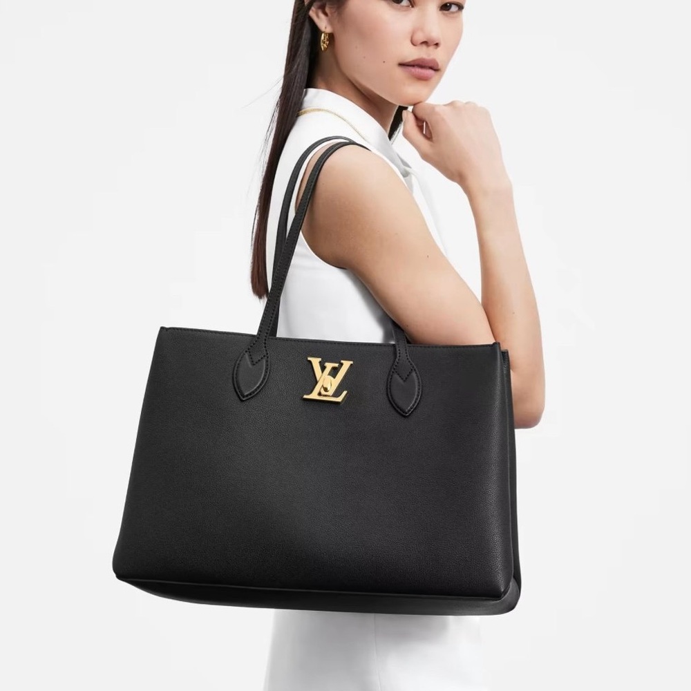 Louis Vuitton Black Leather LV Logo Lock me Shopper Tote Bag